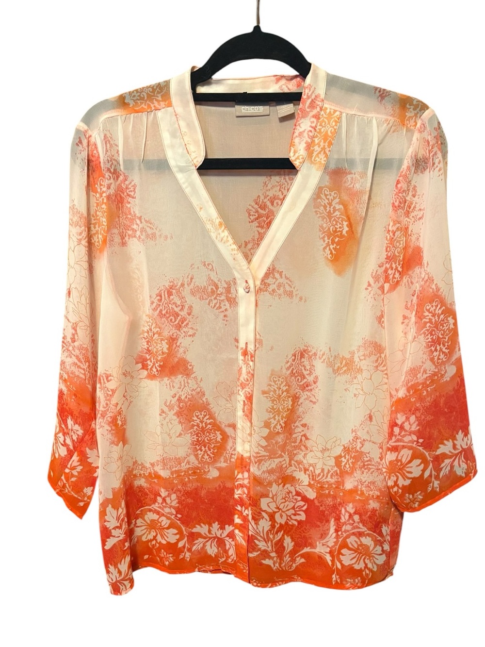 Chico’s Orange White Sheer Floral Button Down Blouse Size 1